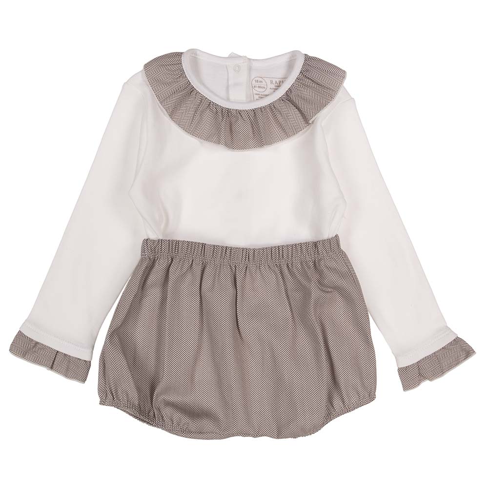 Rapife Girls Herringbone Ruffle Collar Jam Pants Set Beige. Children