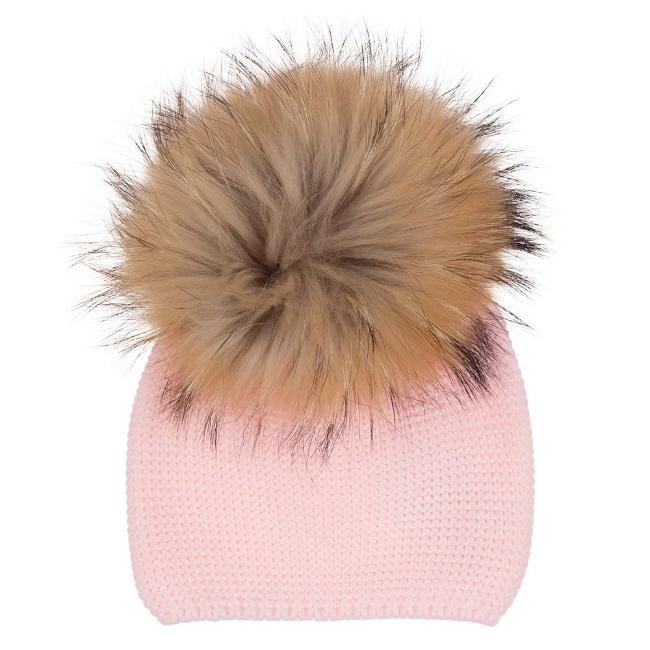 Picture of  Meia Pata Girls Knitted Hat With Large Fur PomPom - Pink