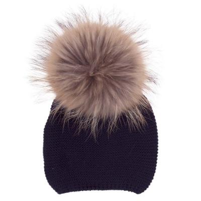 Picture of Meia Pata Unisex Knitted Hat With Large Fur PomPom - Navy Blue