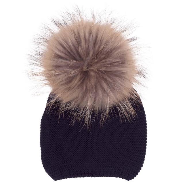 Picture of Meia Pata Unisex Knitted Hat With Large Fur PomPom - Navy Blue