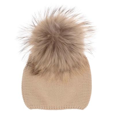 Picture of  Meia Pata Unisex Knitted Hat With Large Fur PomPom - Beige