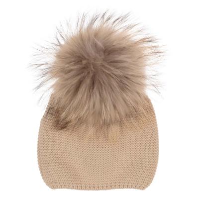 Picture of Meia Pata Unisex Knitted Hat With Large Fur PomPom - Beige