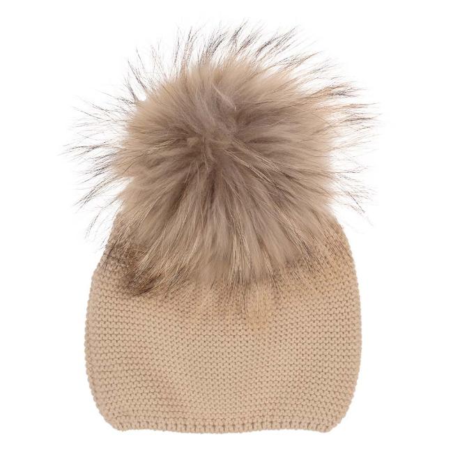Picture of Meia Pata Unisex Knitted Hat With Large Fur PomPom - Beige