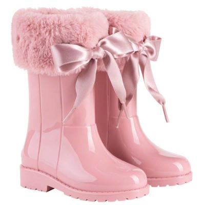 Picture of Igor Campera Girls Soft Fur Cuff Ribbon Tie Rainboot - Rosa Pink