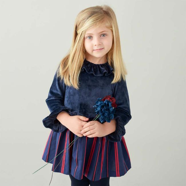 Picture of Foque Girls Long Sleeve Ruffle Dress - Navy Red