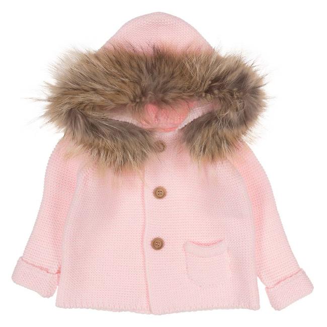 Picture of  Meia Pata Girls Knitted Hooded Coat With Fur Trim - Baby Pink