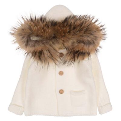 Picture of  Meia Pata Unisex Knitted Hooded Coat With Fur Trim - Ivory