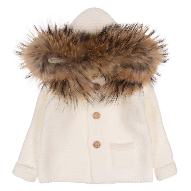 Picture of Meia Pata Unisex Knitted Hooded Coat With Fur Trim - Ivory