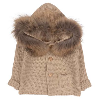 Picture of Meia Pata Unisex Knitted Hooded Coat With Fur Trim - Beige