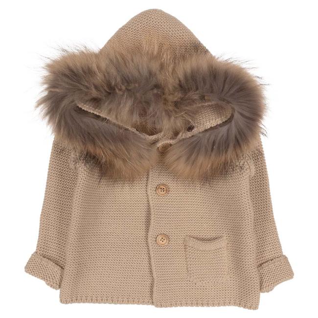 Picture of  Meia Pata Unisex Knitted Hooded Coat With Fur Trim - Beige