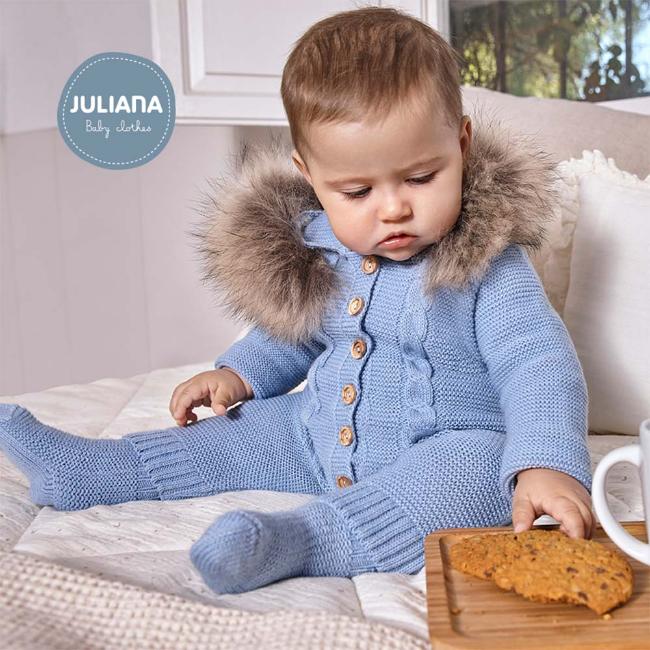 Picture of Juliana Baby Clothes Boys Fur Trimmed Hooded Pramsuit & Socks - Pale Blue 