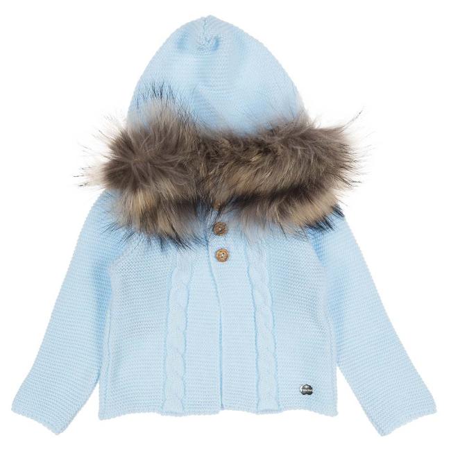 Picture of Juliana Baby Clothes Boys Fur Trimmed Hooded Cable Cardigan - Pale Blue
