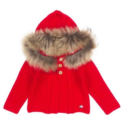 Picture of Juliana Baby Clothes Fur Trimmed Hooded Cable Cardigan - Red