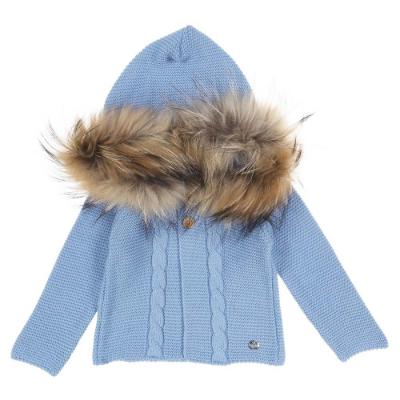 Picture of Juliana Baby Clothes Fur Trimmed Hooded Cable Cardigan - Sky Blue