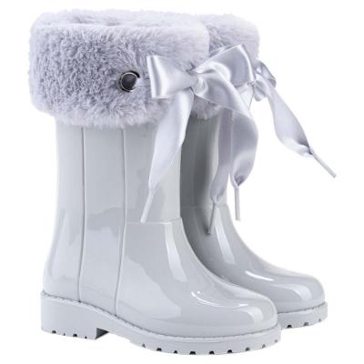 Picture of Igor Campera Girls Soft Fur Cuff Ribbon Tie Rainboot - Light Grey