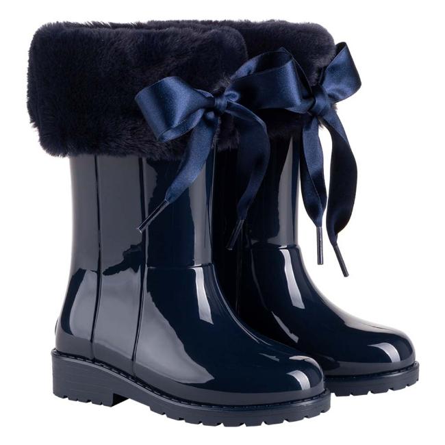 Picture of Igor Campera Girls Soft Fur Cuff Ribbon Tie Rainboot - Navy Blue 