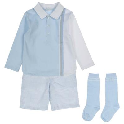 Picture of Tutto Piccolo Boys Polo Top Check Shorts Socks X 3 Set - White Pale Blue 