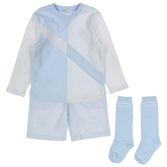 Picture of Tutto Piccolo Boys Sweater Check Shorts Socks X 3 Set - White Pale Blue 