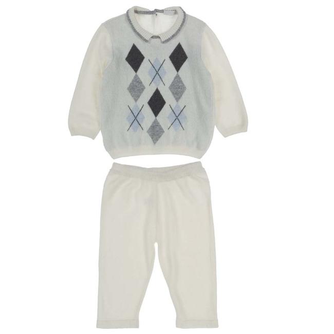 Picture of Coccode Baby Boys Knitted Diamond Top & Bottoms Set - Cream Grey Pale Blue 