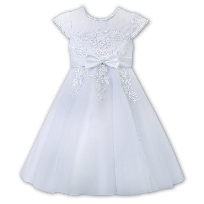Picture of Sarah Louise Girls Lace Overlay Bow Dress - White