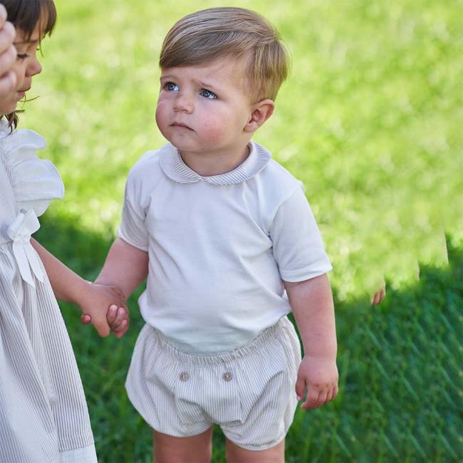Picture of Rapife Baby Boy Beige Stripe Peter Pan Collar Body & Pants Set - Beige 
