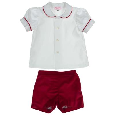 Picture of Miss P Boys Traditional Blouse & Velvet Shorts Set - Dark Red