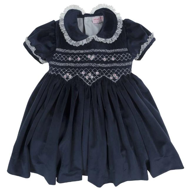 Picture of Miss P Girls Traditional Smocked Puff Sleeve Velvet Dress - Navy Blue