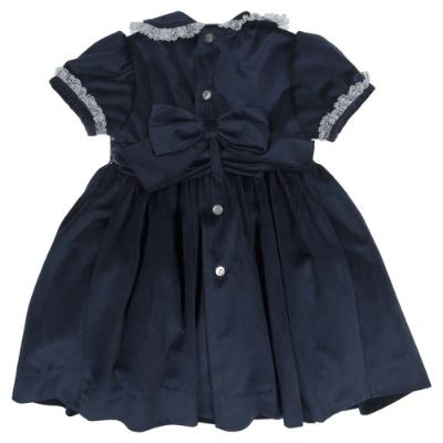 Picture of Miss P Girls Traditional Smocked Puff Sleeve Velvet Dress - Navy Blue