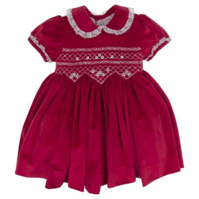 Picture of Miss P Girls Traditional Smocked Puff Sleeve Velvet Dress - Dark Red