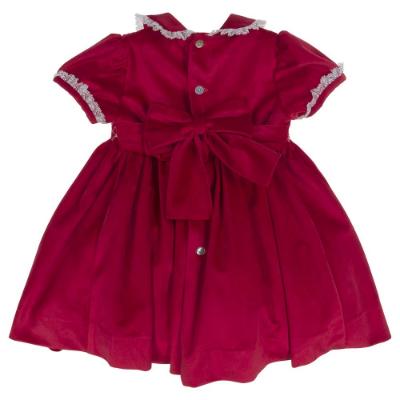 Picture of Miss P Girls Traditional Smocked Puff Sleeve Velvet Dress - Dark Red