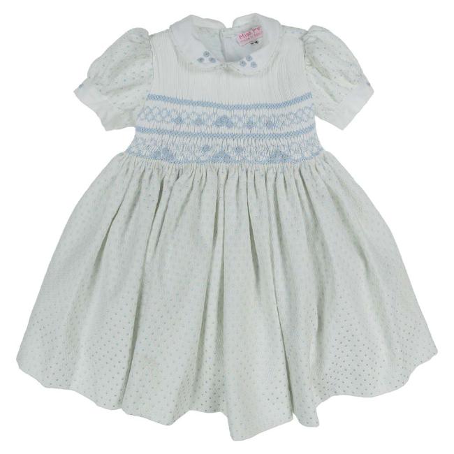 Picture of Miss P Girls Traditional Smocked Puff Sleeve Dress - Blue Polka
