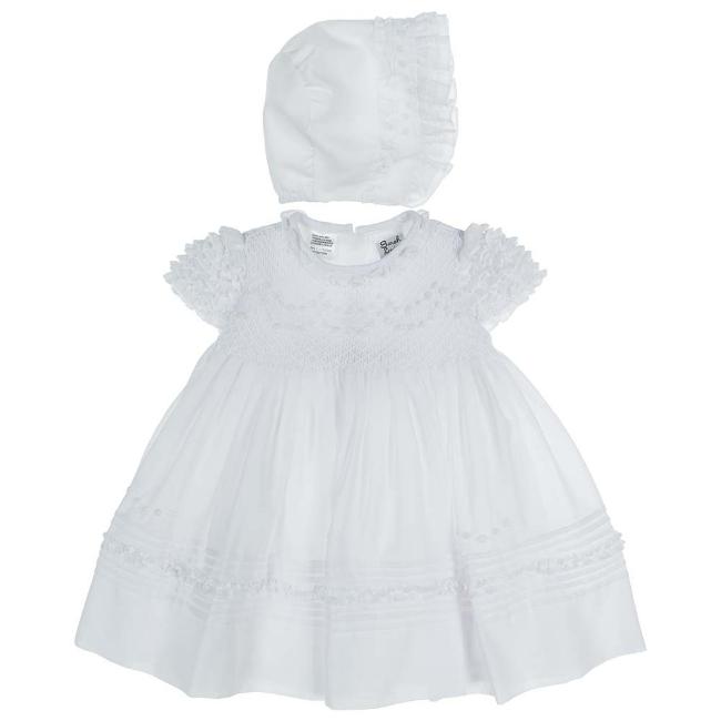 Picture of Sarah Louise Girls Smocked Dress & Bonnet Set - White 