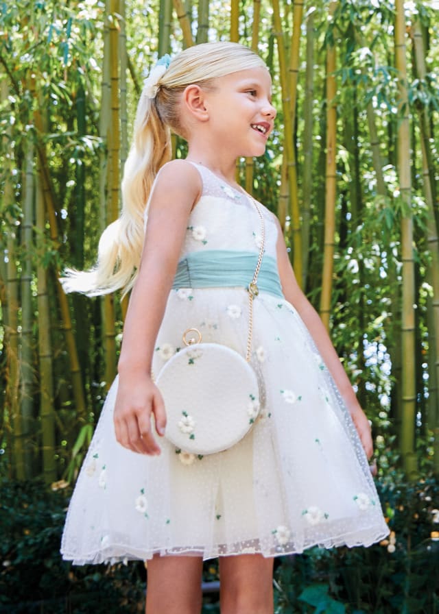 Abel Lula Girls Embroidered Tulle Dress Ivory Green