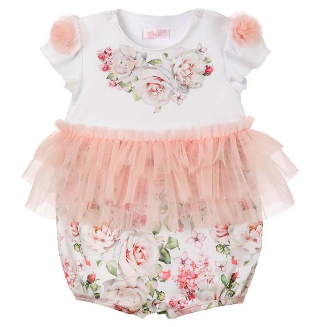 Picture of Sofija Pola Floral Shorty Tulle Skirt Babygrow - White Pink