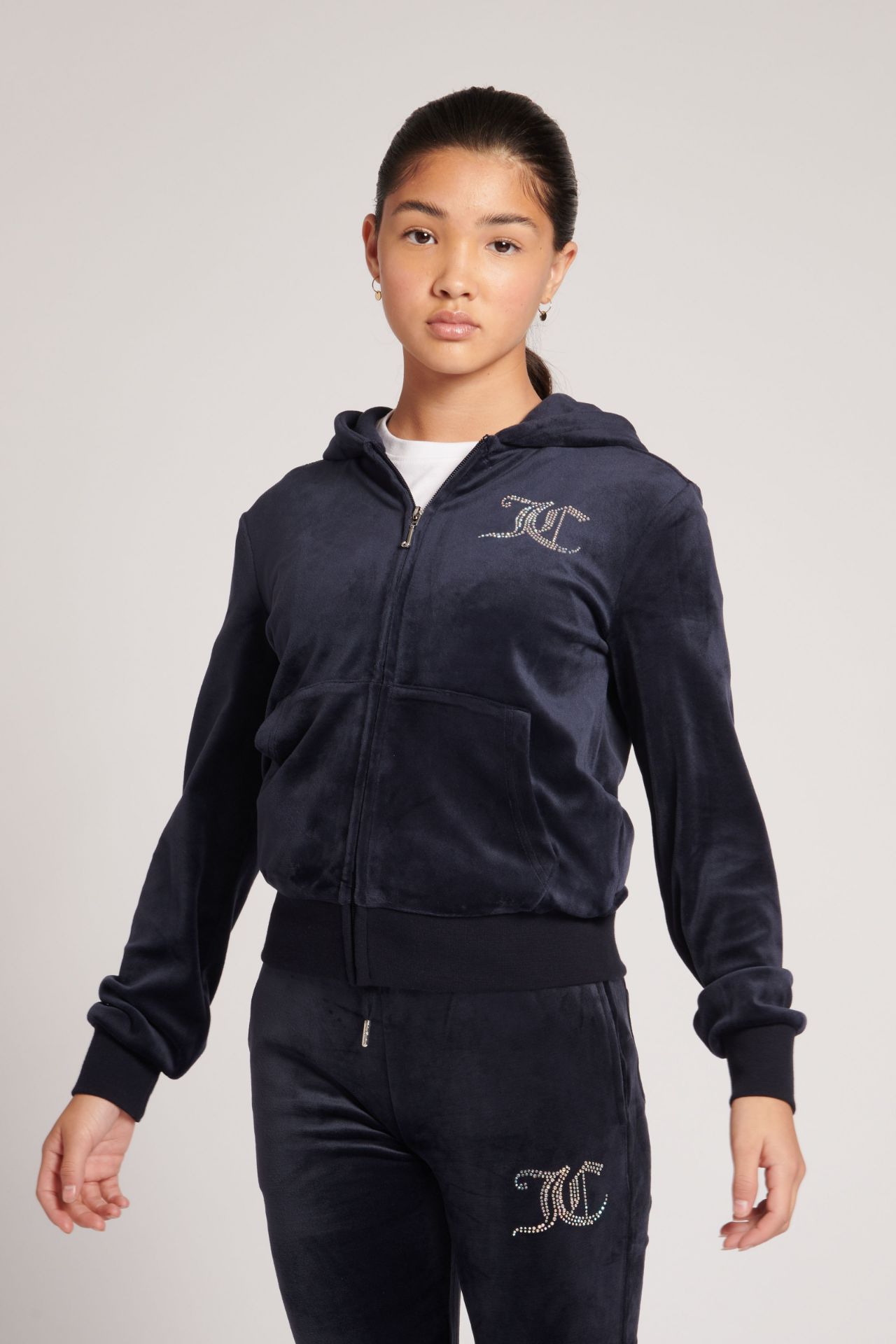 Juicy Couture Girls Diamante Zip Through Velour Hoodie & Bootcut Bottoms  Set - Night Sky Navy