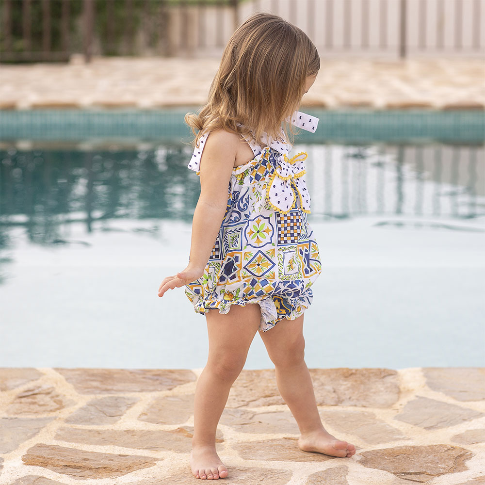Rochy Baby Girls Inma Big Bow Ruffle Romper Navy Yellow