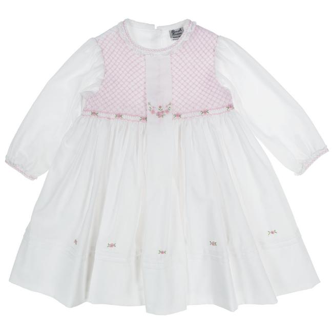 Picture of Sarah Louise Baby Girls Smocked Embroidered Flower Dress - White Pink