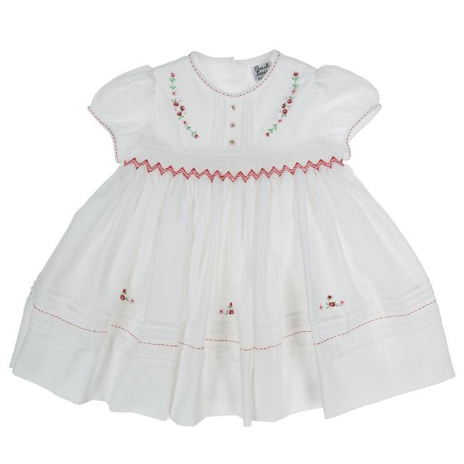 Picture of Sarah Louise Girls Smocked Embroidered Dress - White Red
