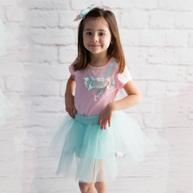 Picture of  Daga Girls Sweet Dreams T-shirt & Tulle Skirt Skort Set - Pink Mint