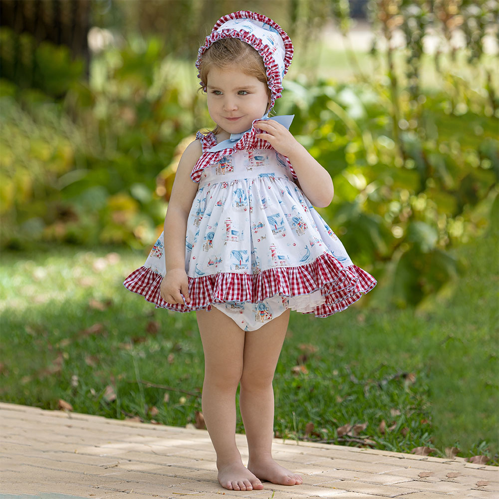 Abuela Tata Girls Seaside Dress Panties & Bonnet Set - Red Gingham