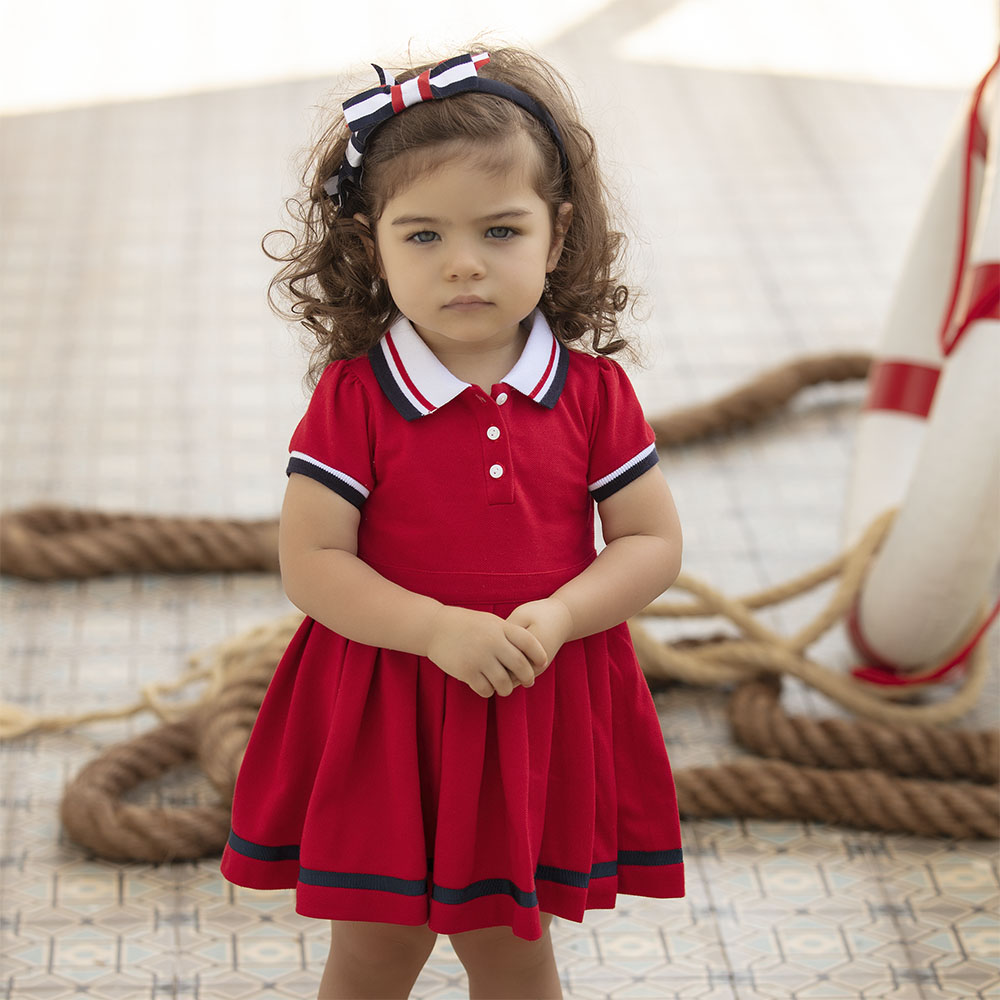 Patachou Girls Nautical Jersey Dress Red Navy