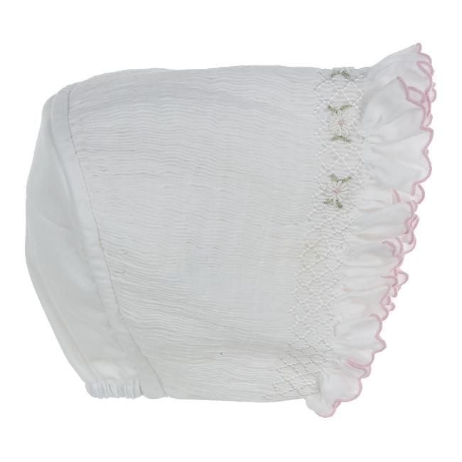 Picture of Sarah Louise Girls Smocked Ruffle Bonnet - White Pink