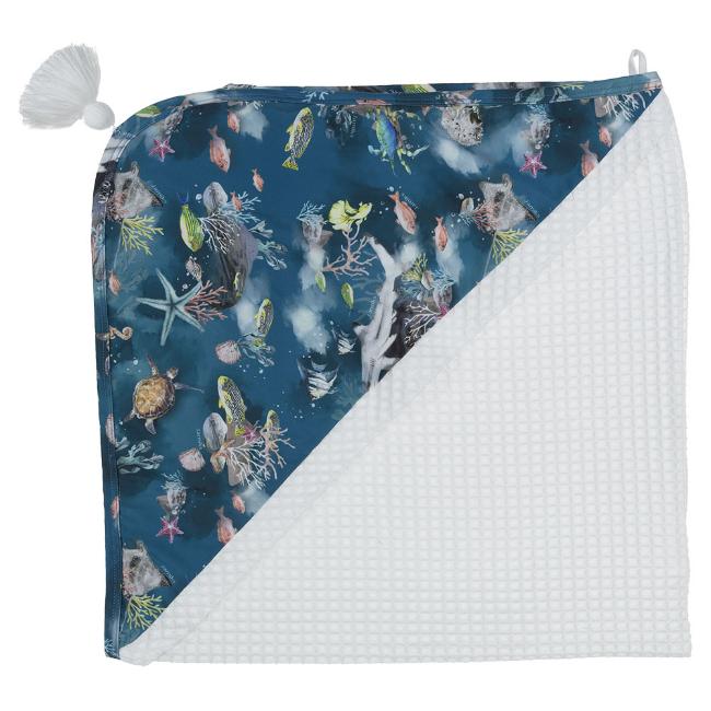 Picture of Jamiks Kids Aston Sea Print Hooded Waffle Towel - Blue