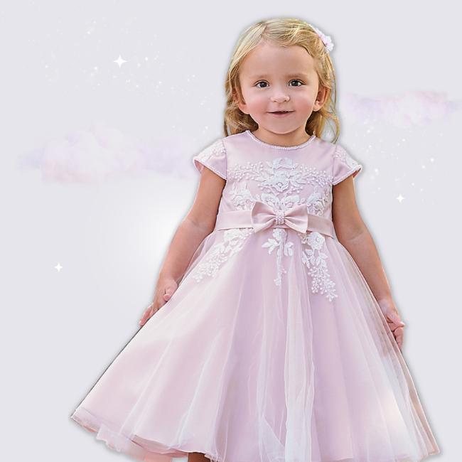 Picture of Sarah Louise Girls Lace Overlay Bow Dress - Pink