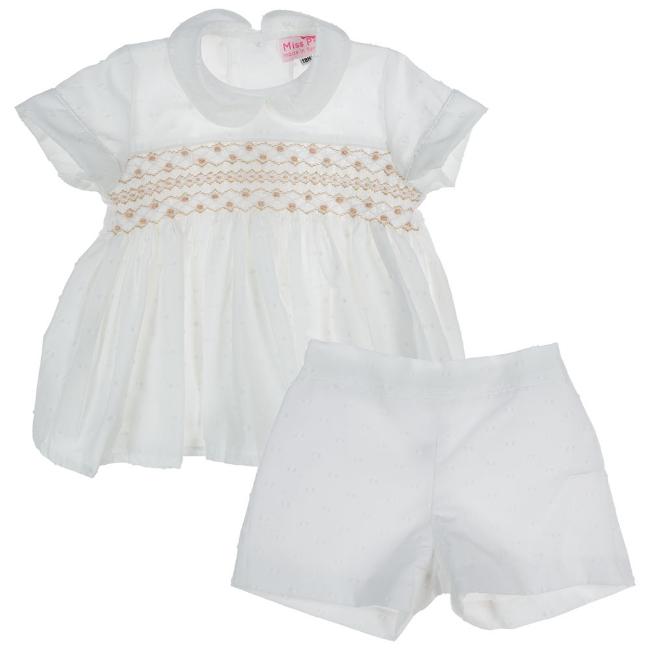 Picture of Miss P Boys Smocked Buster Blouse & Shorts Set - White Beige