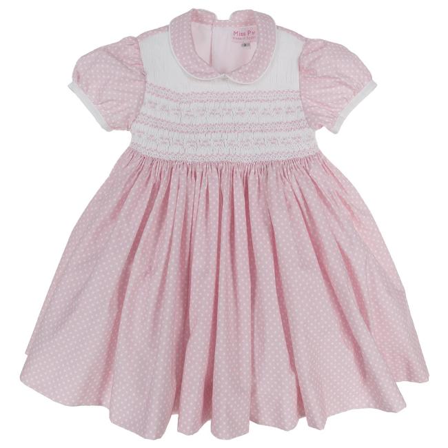 Picture of Miss P Girls Traditional Hand Smocked Puff Sleeve Cotton Dress - Pink Polka