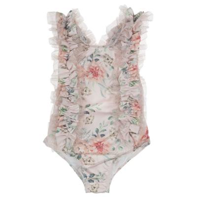 Picture of Fofettes Girls AOP Vintage Flowers Swimsuit With Tulle - Pink