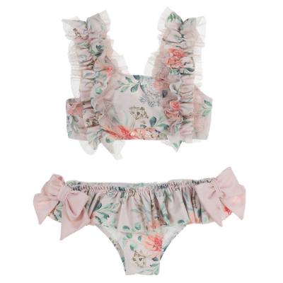 Picture of Fofettes Girls AOP Vintage Flowers Floral Ruffle Bikini With Tulle & Bows - Pink AOP Floral