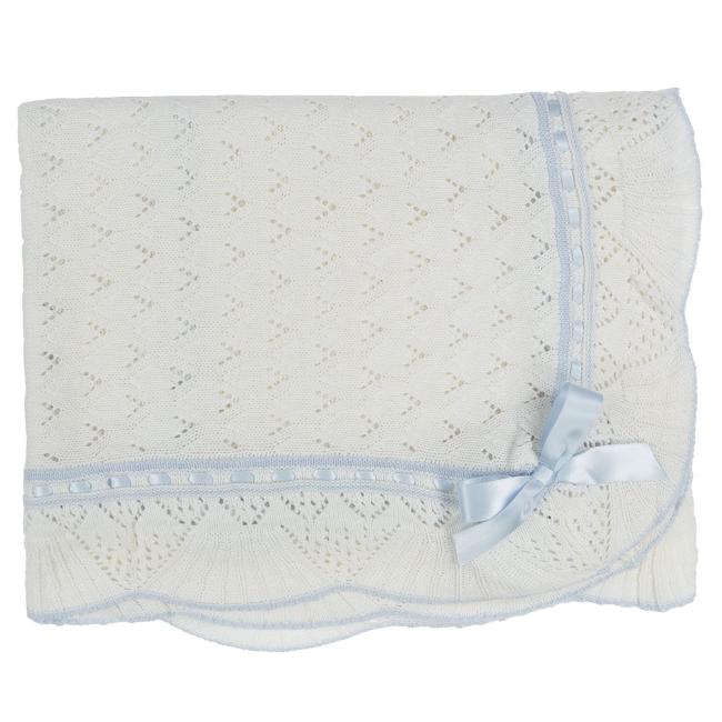 Picture of Sarah Louise Boys Knitted Shawl With Flounces & Satin Bow - White Blue