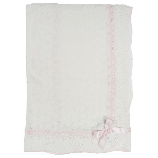 Picture of Sarah Louise Girls Knitted Shawl With Flounces & Satin Bow - White Pink
